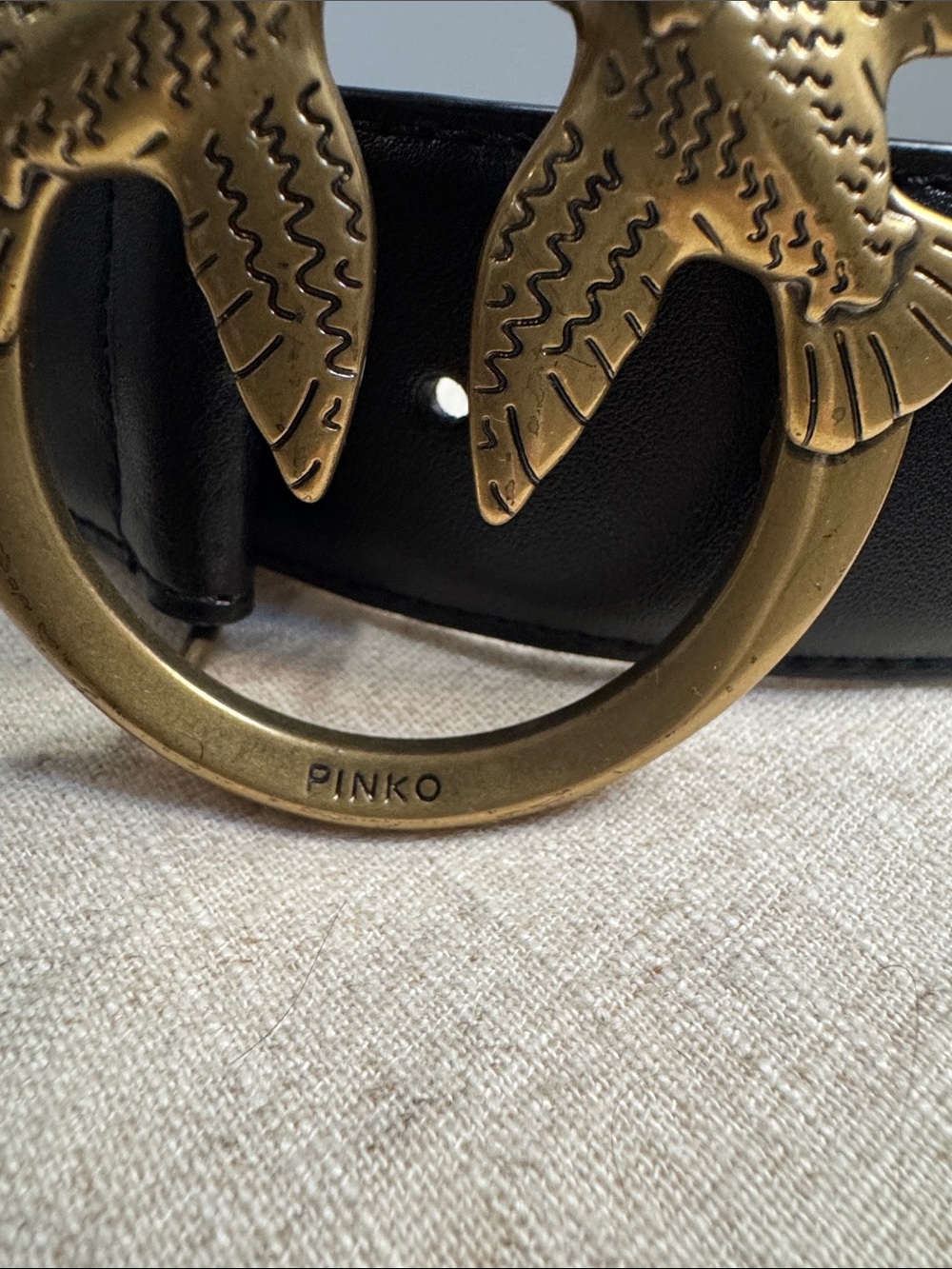 Pinko Black Leather Belt with Gold Twin Bird Ring Buckle - Picture 3 of 5